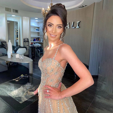 Nude Silver Mermaid Sexy Spaghetti Straps Sweetheart Beaded Luxury Arabic Party Dresses Formal Women Evening LA71785