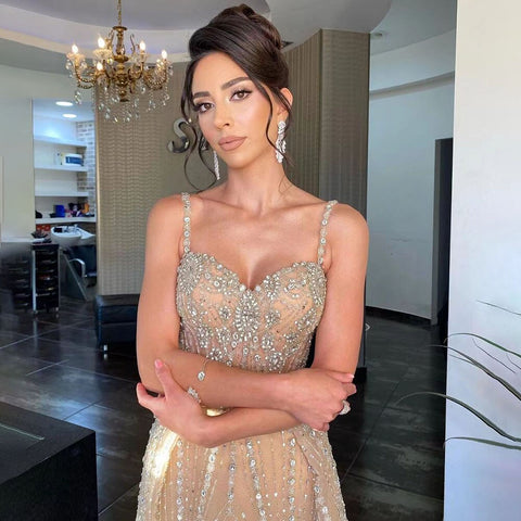 Nude Silver Mermaid Sexy Spaghetti Straps Sweetheart Beaded Luxury Arabic Party Dresses Formal Women Evening LA71785