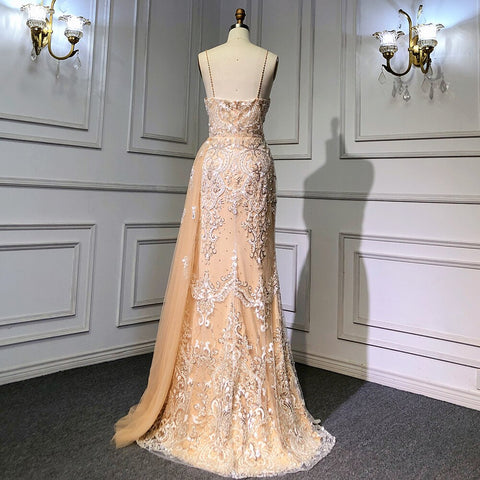 Nude Spaghetti Strap Luxury Evening Dresses Gowns 2025 Mermaid Beaded Elegant Overskirt For Women Party LA71599
