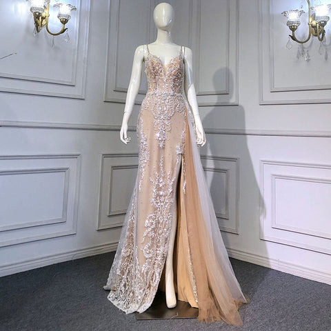 Nude Spaghetti Strap Luxury Evening Dresses Gowns 2025 Mermaid Beaded Elegant Overskirt For Women Party LA71599