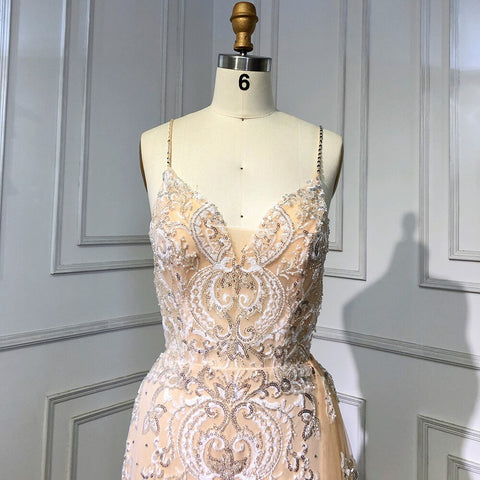 Nude Spaghetti Strap Luxury Evening Dresses Gowns 2025 Mermaid Beaded Elegant Overskirt For Women Party LA71599