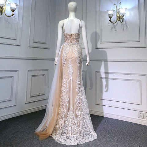 Nude Spaghetti Strap Luxury Evening Dresses Gowns 2025 Mermaid Beaded Elegant Overskirt For Women Party LA71599