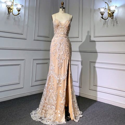 Nude Spaghetti Strap Luxury Evening Dresses Gowns 2025 Mermaid Beaded Elegant Overskirt For Women Party LA71599