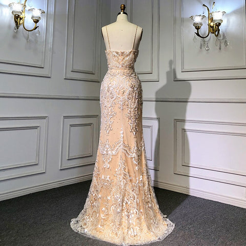 Nude Spaghetti Strap Luxury Evening Dresses Gowns 2025 Mermaid Beaded Elegant Overskirt For Women Party LA71599