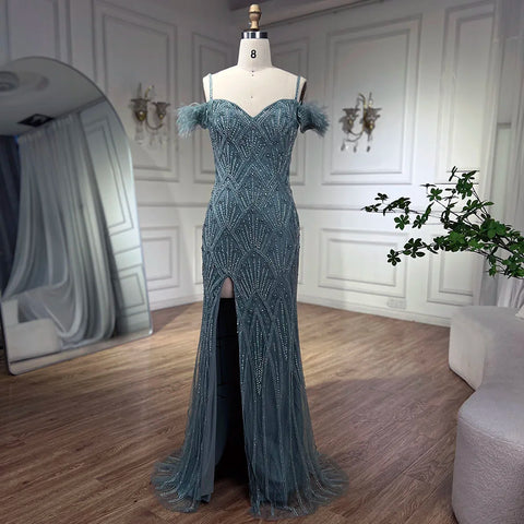 Nude Spaghetti Straps Elegant Mermaid Evening Dresses Gowns Luxury Beaded Feathers For Woman Party 2025 LA72028A