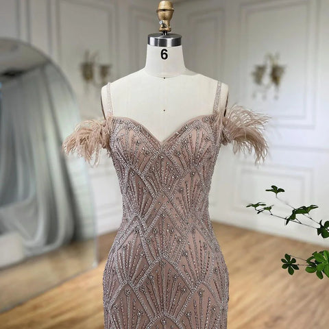 Nude Spaghetti Straps Elegant Mermaid Evening Dresses Gowns Luxury Beaded Feathers For Woman Party 2025 LA72028A