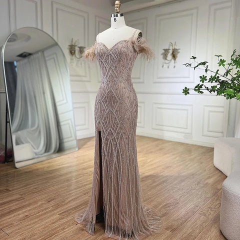 Nude Spaghetti Straps Elegant Mermaid Evening Dresses Gowns Luxury Beaded Feathers For Woman Party 2025 LA72028A