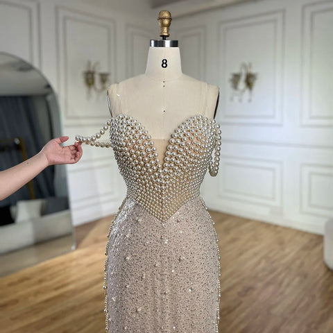 Nude Spaghetti Straps Mermaid Evening Dress with Beaded Pearls - Luxury Dubai Gown for Women's Wedding Party LA72393
