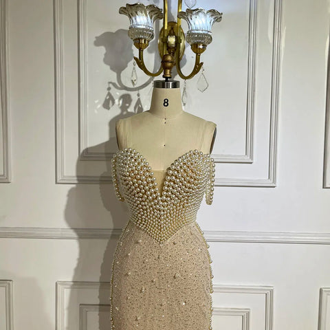 Nude Spaghetti Straps Mermaid Evening Dress with Beaded Pearls - Luxury Dubai Gown for Women's Wedding Party LA72393