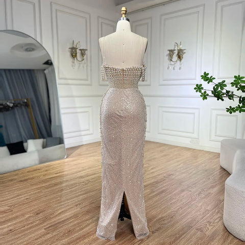 Nude Spaghetti Straps Mermaid Evening Dress with Beaded Pearls - Luxury Dubai Gown for Women's Wedding Party LA72393