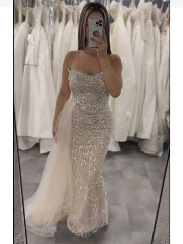 Nude Strapless Beaded Evening Gown with Sheer Side Train for Formal Occasion LA72886 2025