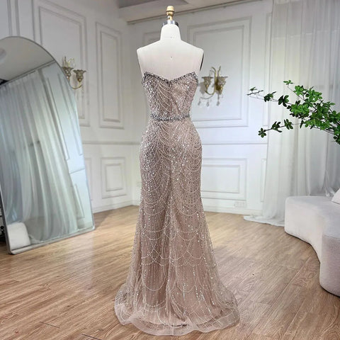Nude Strapless Mermaid Luxury Evening Dresses Gowns And Beaded Design Arabic 2025 For Women Wedding Party LA72249