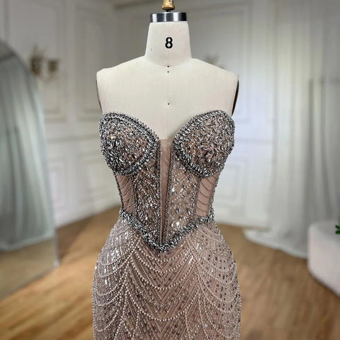 Nude Strapless Mermaid Luxury Evening Dresses Gowns And Beaded Design Arabic 2025 For Women Wedding Party LA72249
