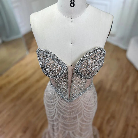 Nude Strapless Mermaid Luxury Evening Dresses Gowns And Beaded Design Arabic 2025 For Women Wedding Party LA72249