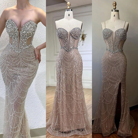 Nude Strapless Mermaid Luxury Evening Dresses Gowns And Beaded Design Arabic 2025 For Women Wedding Party LA72249