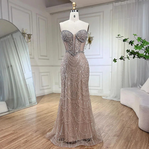 Nude Strapless Mermaid Luxury Evening Dresses Gowns And Beaded Design Arabic 2025 For Women Wedding Party LA72249