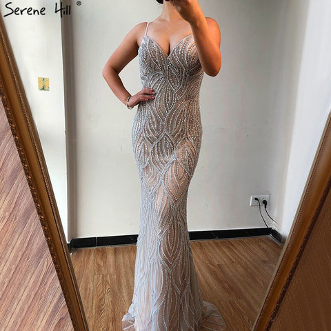 Nude White Mermaid Evening Dresses Gowns 2025 Spaghetti Strap Luxury Elegant For Women Party  LA70214