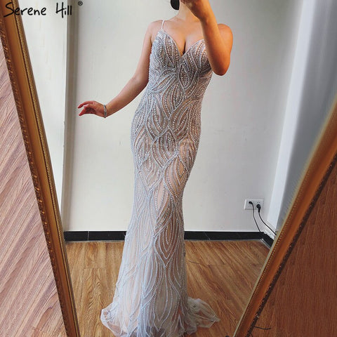 Nude White Mermaid Evening Dresses Gowns 2025 Spaghetti Strap Luxury Elegant For Women Party  LA70214