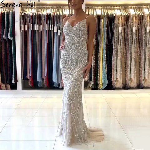 Nude White Mermaid Evening Dresses Gowns 2025 Spaghetti Strap Luxury Elegant For Women Party LA70214
