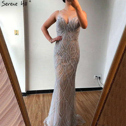 Nude White Mermaid Evening Dresses Gowns 2025 Spaghetti Strap Luxury Elegant For Women Party LA70214