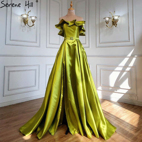 Olive Green A-Line Sexy Satin Off Shoulder Evening Dresses Long Luxury 2025 Celebrity Gowns For Woman Party LA70245
