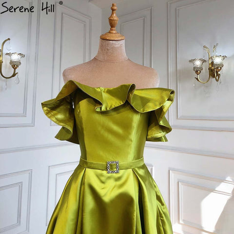 Olive Green A-Line Sexy Satin Off Shoulder Evening Dresses Long Luxury 2025 Celebrity Gowns For Woman Party LA70245
