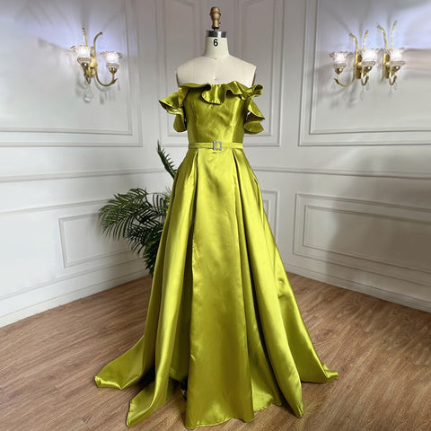 Olive Green A-Line Sexy Satin Off Shoulder Evening Dresses Long Luxury 2025 Celebrity Gowns For Woman Party LA70245