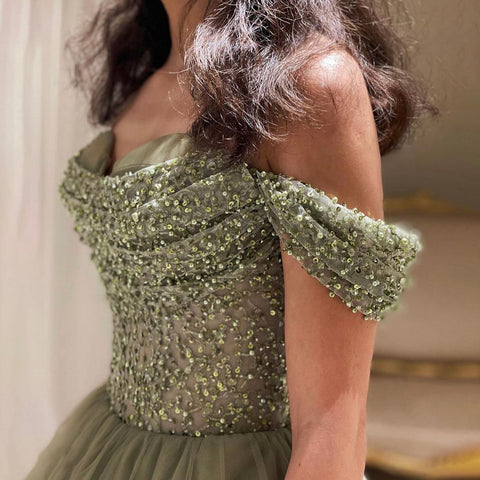 Olive Green A-Line Sweetheart Neck Evening Dresses Gowns 2025 Luxury Beaded For Woman Party LA71681