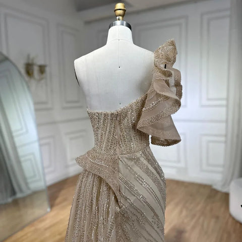 One-Shoulder nude Mermaid With Overskirt Beaded Evening Dress Gown for Women's Wedding Party 2025 LA72389