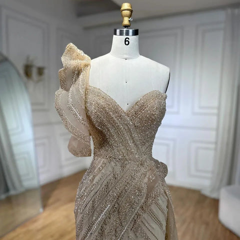One-Shoulder nude Mermaid With Overskirt Beaded Evening Dress Gown for Women's Wedding Party 2025 LA72389