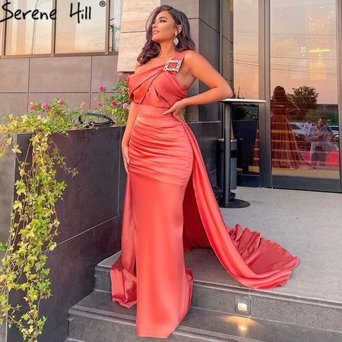 Robe de soirée sirène orange avec jupe longue, élégante en satin, pour femme, modèle LA71403, 2025