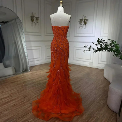 Orange Spaghetti Strap Mermaid Evening Dresses Gowns Luxury Feathers Beaded for Women Wedding Party 2025 LA72272