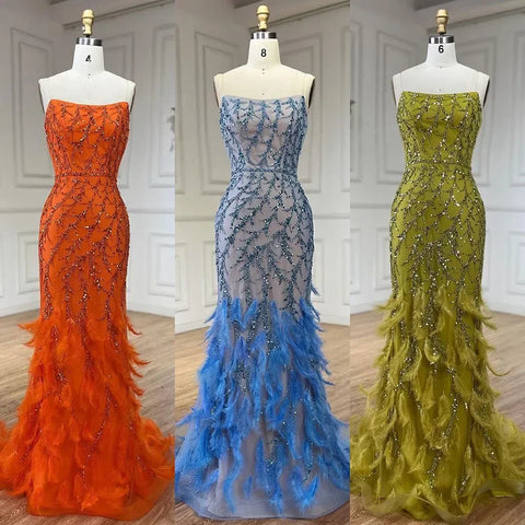 Orange Spaghetti Strap Mermaid Evening Dresses Gowns Luxury Feathers Beaded for Women Wedding Party 2025 LA72272