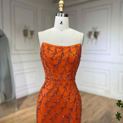Orange Spaghetti Strap Mermaid Evening Dresses Gowns Luxury Feathers Beaded for Women Wedding Party 2025 LA72272