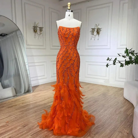 Orange Spaghetti Strap Mermaid Evening Dresses Gowns Luxury Feathers Beaded for Women Wedding Party 2025 LA72272