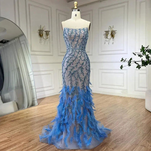 Orange Spaghetti Strap Mermaid Evening Dresses Gowns Luxury Feathers Beaded for Women Wedding Party 2025 LA72272