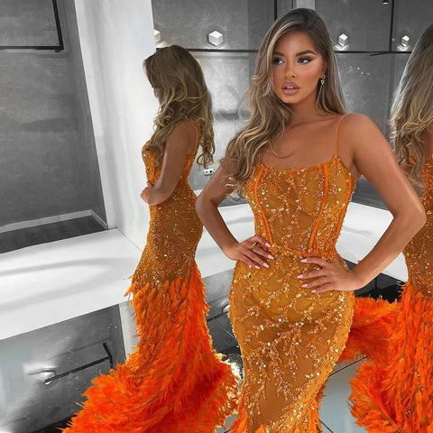 Orange Spaghetti Strap Mermaid Evening Dresses Gowns Luxury Feathers Beaded for Women Wedding Party 2025 LA72272