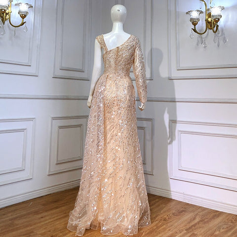 Peach Mermaid Elegant Evening Dresses Gowns 2025 Beaded Luxury Overskirt For Women Party LA71527