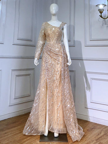 Peach Mermaid Elegant Evening Dresses Gowns 2025 Beaded Luxury Overskirt For Women Party LA71527