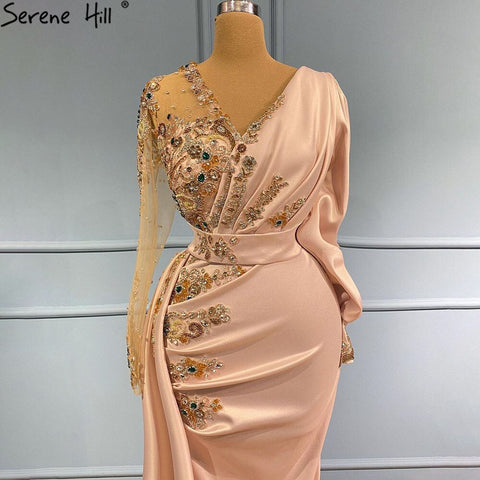 Peach Mermaid Satin Evening Dresses Gowns 2025 Elegant Beaded Overskirt For Women Party LA71344