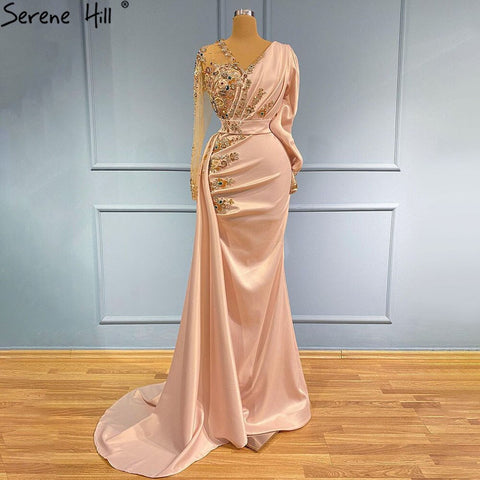 Peach Mermaid Satin Evening Dresses Gowns 2025 Elegant Beaded Overskirt For Women Party LA71344