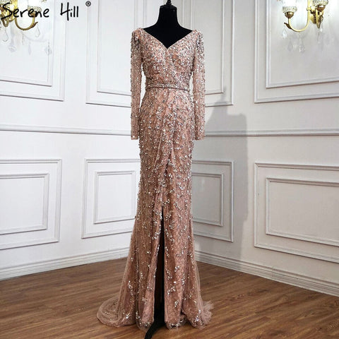 Robe de soirée sirène pêche à col en V, manches longues, perles, modèle LA70499, 2025 