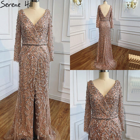 Robe de soirée sirène pêche à col en V, manches longues, perles, modèle LA70499, 2025 