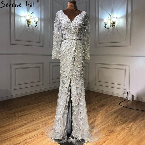 Robe de soirée sirène pêche à col en V, manches longues, perles, modèle LA70499, 2025 