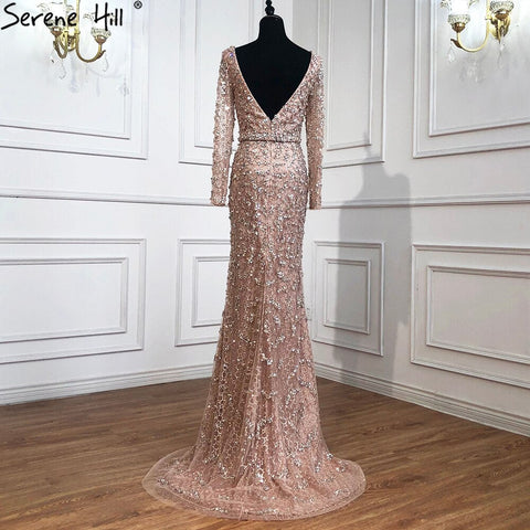 Robe de soirée sirène pêche à col en V, manches longues, perles, modèle LA70499, 2025 