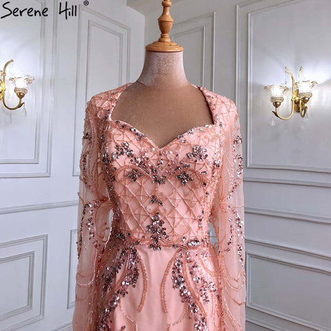 Peach Mermaid With Train Cocktail Dresses 2025 Beading Feathers Elegant Designer For Women Party LA71113