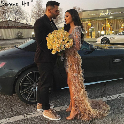 Peach Mermaid With Train Cocktail Dresses 2025 Beading Feathers Elegant Designer For Women Party LA71113