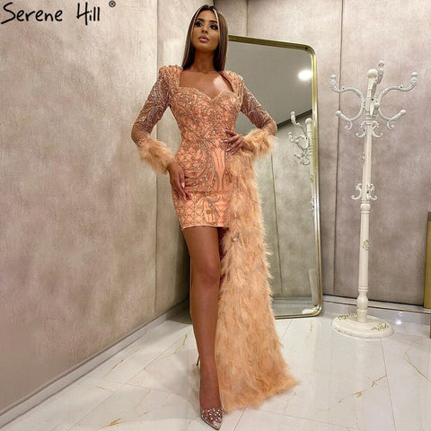 Peach Mermaid With Train Cocktail Dresses 2025 Beading Feathers Elegant Designer For Women Party LA71113