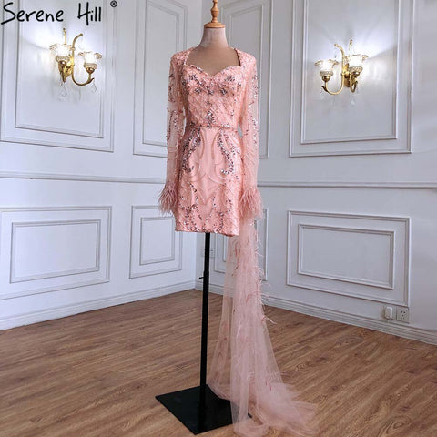 Peach Mermaid With Train Cocktail Dresses 2025 Beading Feathers Elegant Designer For Women Party LA71113
