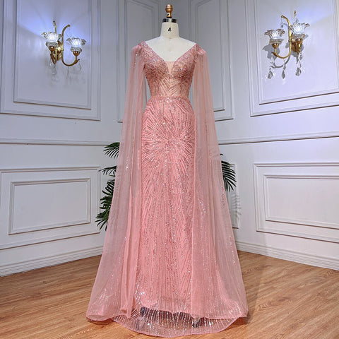 Peach Pink Mermaid Elegant Cape Sleeves Beaded Evening Dresses  Formal Arabic Gowns 2025 For Women Party LA72038